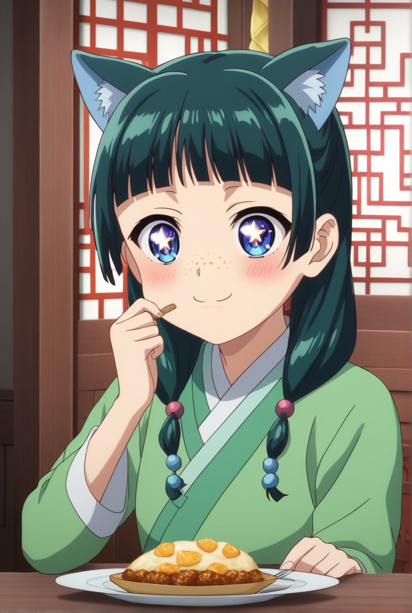 1girl, maomao, ((masterpiece, best quality)), (hyper detailed, detailed background), solo, green hair, long hair, blue eyes, maomao, animal ears, blunt bangs, shaded face, freckles, BREAK + +, ^^^, parkle, sparkle background, star (symbol), symbol-shaped pupils, sparkling eyes, light green hanfu, default clothes, chinese clothes, long sleeves, default hairstyle, hair ribbon, blue ribbon, sidelocks, hair beads, hair over shoulder, low twintails, anime, (high quality, detailed, beautiful), shiny, detailed beautiful eyes, outstanding, countershading, detailed soft lighting, smiling, eating foods, calm expression, seated in traditional Chinese room, wooden table, background with sliding doors and traditional curtains, warm lighting, peaceful atmosphere, lightly blushed cheeks, mid-bite, slightly tilted head, shiny, beautiful finger,