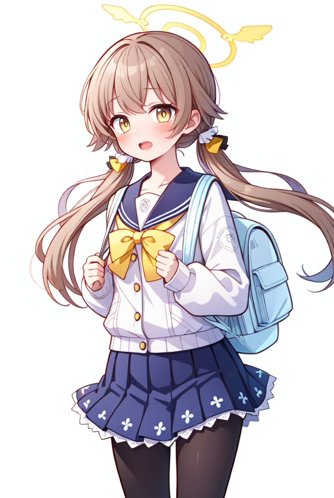 ((masterpiece,best quality)),(illustration),1girl, hifumi (blue archive), solo, halo, twintails, bag, blush, pantyhose, simple background, school uniform, backpack, open mouth, low twintails, black pantyhose, skirt, looking at viewer, long hair, light brown hair, sailor collar, brown hair, yellow eyes, long sleeves, collarbone, white background, holding strap, brown eyes, blue skirt