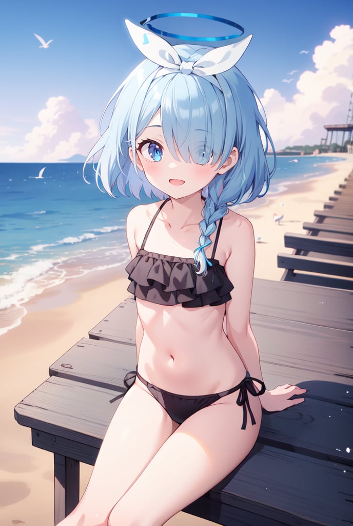 1girl, Arona, blue halo, blue eyes, blue hair, short hair, single braid, hair over one eye, flat chest, white hair bow, white hairband, black bikini, arms behind back, Beach, pier, seagulls, morning, cloudy, dynamic, scenic, arona (blue archive), dynamic pose, sitting, smile