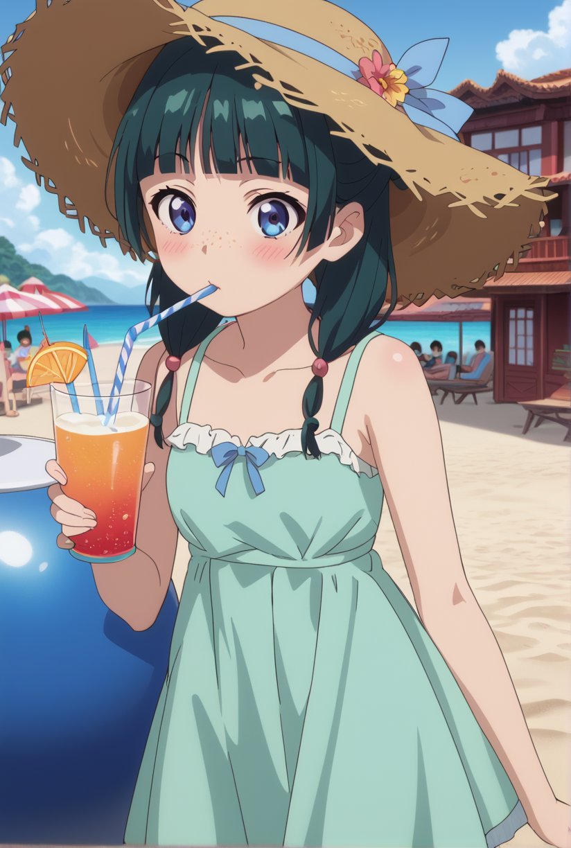 score_9, score_8_up, score_7_up, score_6_up, source_anime, 1girl, maomao, ((masterpiece, best quality)), (hyper detailed, detailed background), long hair, bangs, blue eyes, hair ornament, green hair, blunt bangs, freckles, hair bun, sundress, beach, straw hat, drinking, (strawberry:0.5), drinking straw, blush,anime screencap,score_anime