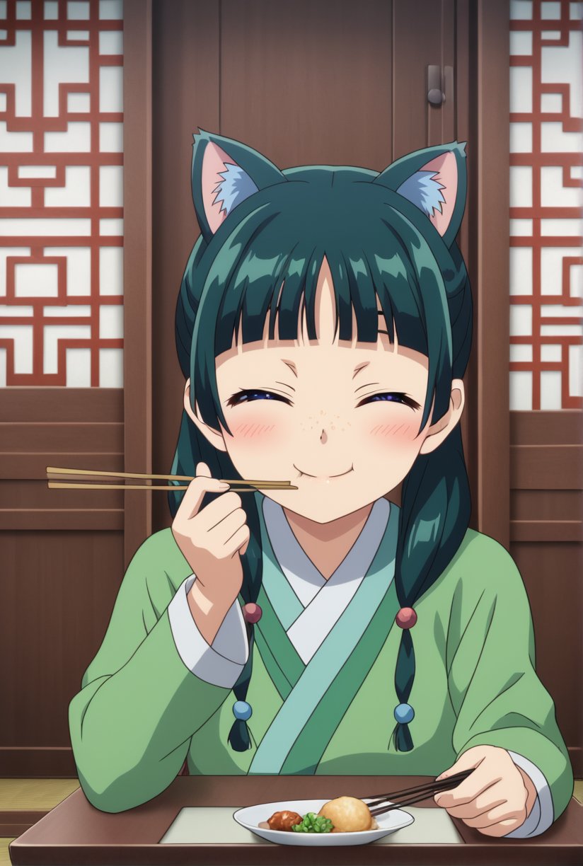 1girl, maomao, ((masterpiece, best quality)), (hyper detailed, detailed background), solo, green hair, long hair, blue eyes, maomao, animal ears, blunt bangs, shaded face, freckles, light green hanfu, default clothes, chinese clothes, long sleeves, default hairstyle, hair ribbon, blue ribbon, sidelocks, hair beads, hair over shoulder, low twintails, anime, (high quality, detailed, beautiful), shiny, detailed beautiful eyes, outstanding, countershading, detailed soft lighting, closed eyes, smiling, eating with chopsticks, calm expression, seated in traditional Chinese room, wooden table, background with sliding doors and traditional curtains, warm lighting, peaceful atmosphere, lightly blushed cheeks, holding chopsticks close to mouth, mid-bite, slightly tilted head