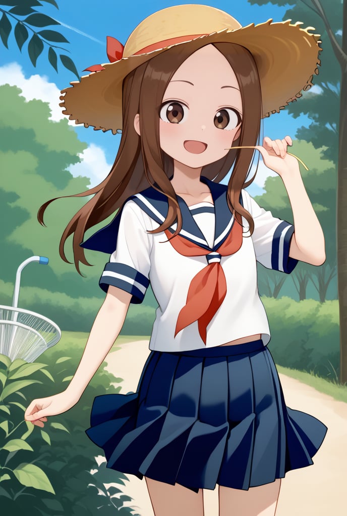 1girl, source_anime, aatakagi, solo, long hair, brown hair, parted bangs, collarbone, serafuku, sailor collar, red neckerchief, white shirt, short sleeves, pleated skirt, blue skirt, standing, cowboy shot, smile, outdoors,flushing, happy, open mouth, straw hat
