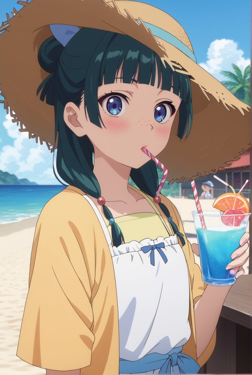 score_9, score_8_up, score_7_up, score_6_up, source_anime, 1girl, maomao, ((masterpiece, best quality)), (hyper detailed, detailed background), long hair, bangs, blue eyes, hair ornament, green hair, blunt bangs, freckles, hair bun, sundress, beach, straw hat, drinking, (strawberry:0.5), drinking straw, blush,anime screencap,score_anime