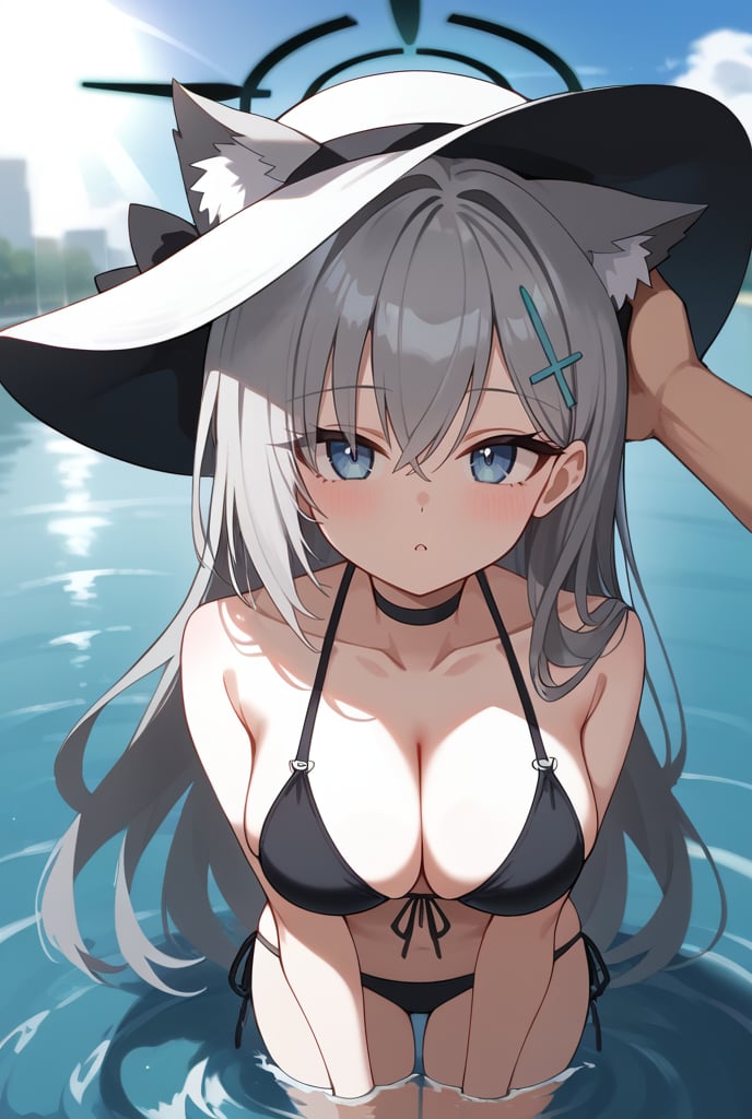 BLUE EYES, GREY HAIR, HAIRCLIP, LONG HAIR, ANIMAL EARS, HALO, BLACK CHOKER, 1girl, Black bikini, Sun hat, Flower on hat, Long silver hair, Cat ears, Halo, Hairclip, In water, Sunlight reflection, Hand on hat, Looking up, Water background, Sunny day,shiroko terror \(blue archive\)