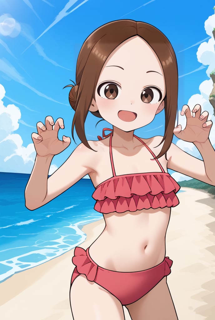 1girl,source_anime, aatakagi, solo, brown hair single hair bun, parted bangs, frilled bikini, pink bikini, hands up, claw pose, smile, beach, sky, collarbone