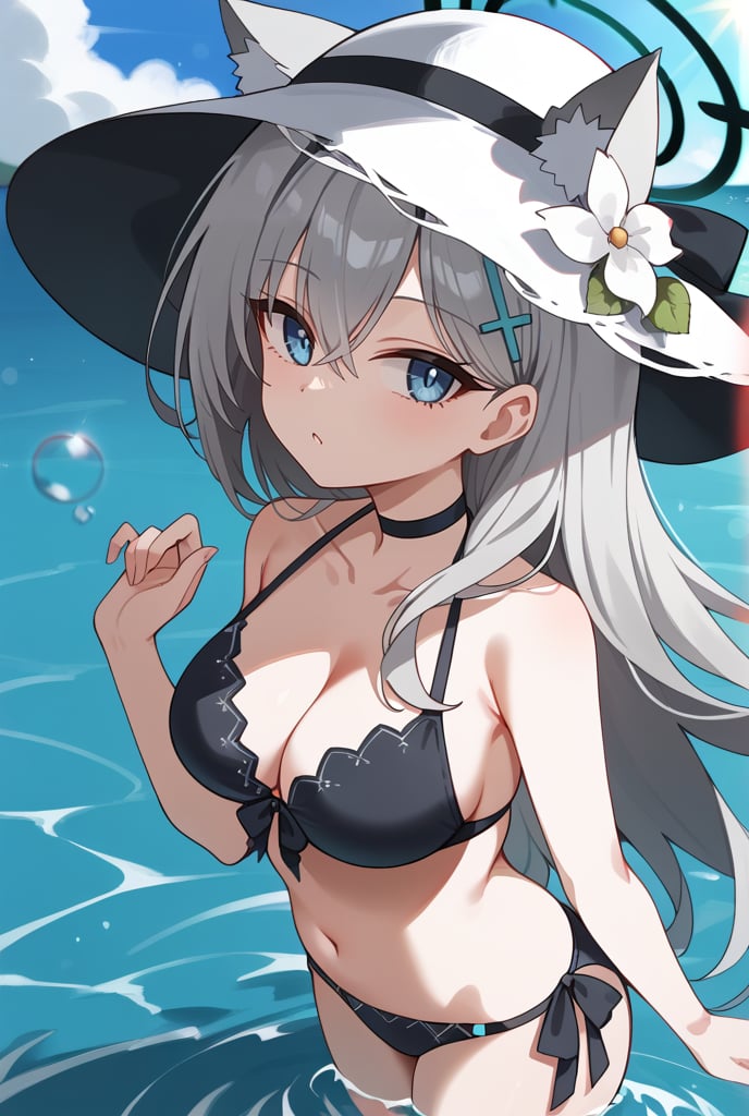 BLUE EYES, GREY HAIR, HAIRCLIP, LONG HAIR, ANIMAL EARS, HALO, BLACK CHOKER, 1girl, Black bikini, Sun hat, Flower on hat, Long silver hair, Cat ears, Halo, Hairclip, In water, Sunlight reflection, Hand on hat, Looking up, Water background, Sunny day,shiroko terror \(blue archive\)