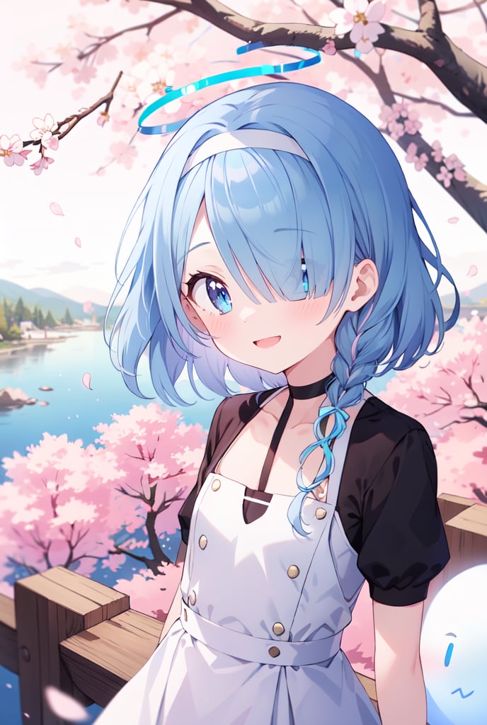 sfw, 1girl, Arona, (blue halo:1.2), blue eyes, blue hair, short hair, single braid, hair over one eye, flat chest, (white hairband:1.2), white hair bow, ghost white tunic, w arms, hillside covered in cherry blossom trees in bloom, midday lighting, idyllic and picturesque scenery, smile