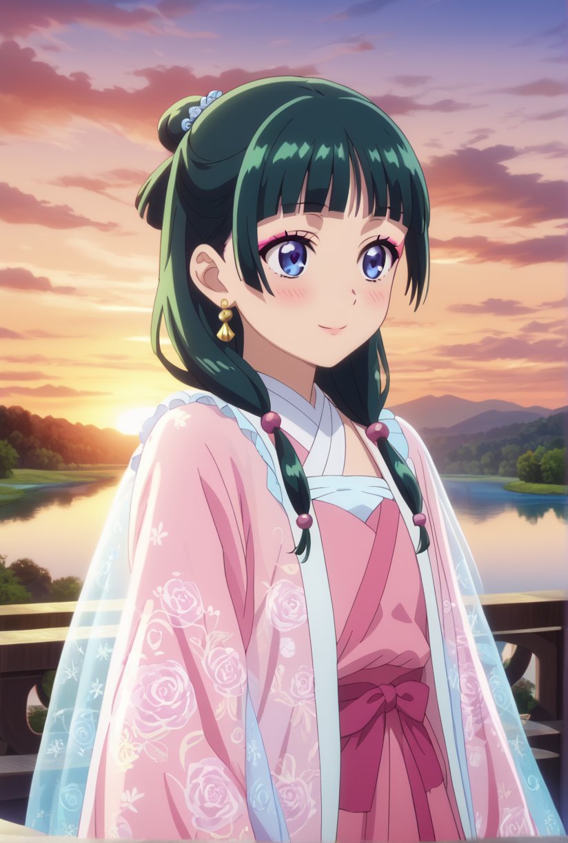 1girl, maomao, ((masterpiece, best quality)), (hyper detailed, detailed background), solo, green hair, long hair, blue eyes, BREAK blunt bangs, earrings, jewelry, looking up, sunset, golden hour, daytime sky, wide sleeves, frills, frilled dress, pink dress, white frills, purple frills, pink ribbon, pink skirt, bandaged arm, straight hair, hair over shoulder, hair beads, dancer dress, pink see-through shawl, makeup, pink eyeliner, looking to the side, low twintails, full body, BREAK score_9, score_8_up, score_7_up, score_6_up, anime, BREAK (high quality, detailed, beautiful), shiny, detailed beautiful eyes, outstanding, countershading, detailed soft lighting, score_anime, anime screencap, ((upper body)), ((dynamic pose)), serene lake, glowing sunset reflections, floating lotus flowers, calm waters, warm atmosphere, happy, smile, blush
