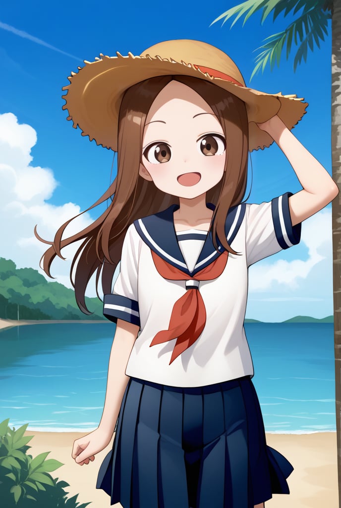 1girl, source_anime, aatakagi, solo, long hair, brown hair, parted bangs, collarbone, serafuku, sailor collar, red neckerchief, white shirt, short sleeves, pleated skirt, blue skirt, standing, cowboy shot, smile, outdoors,flushing, happy, open mouth, straw hat