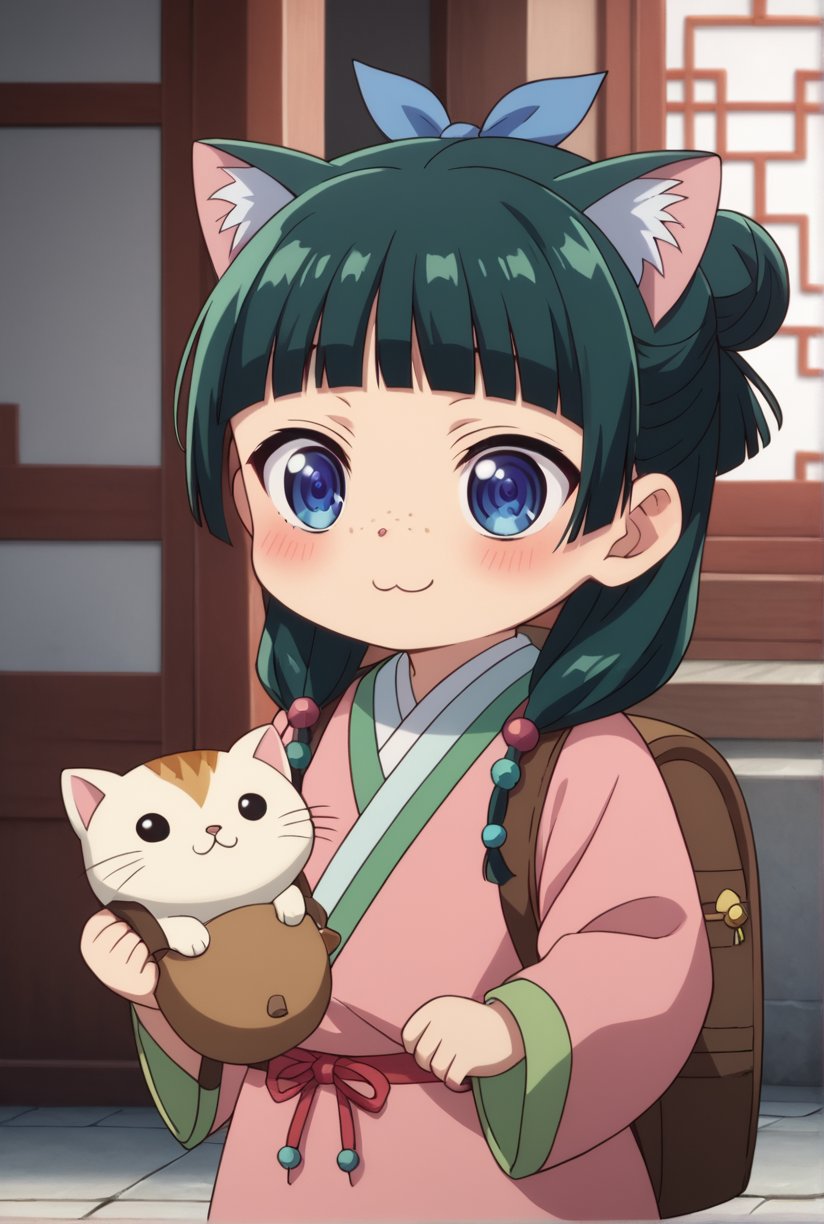 1girl, maomao, ((masterpiece, best quality)), (hyper detailed, detailed background), solo, green hair, long hair, blue eyes, BREAK :3, backpack, bag, blunt bangs, blush, cat ears, long sleeves, smile, chibi, freckles, light green hanfu, pink clothes, chinese clothes, wide sleeves, default hairstyle, hair bun, hair ribbon, blue ribbon, sidelocks, hair beads, half updo, hair over shoulder, excited, low twintails, BREAK score_9, score_8_up, score_7_up, score_6_up, anime, BREAK (high quality, detailed, beautiful), shiny, detailed beautiful eyes, outstanding, countershading, detailed soft lighting, ((Chibi character))