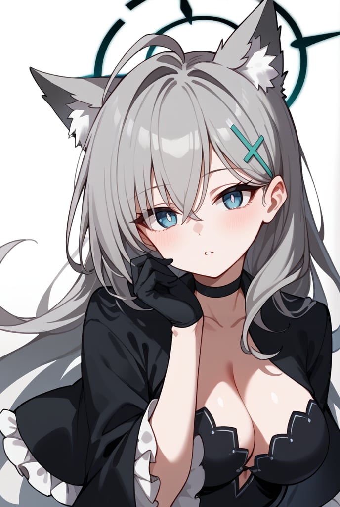 BLUE EYES, GREY HAIR, HAIRCLIP, LONG HAIR, ANIMAL EARS, HALO, BLACK CHOKER, BLACK CAPELET, BLACK DRESS, WIDE SLEEVES, BLACK GLOVES, 1girl, portrait, looking_at_viewer, blue_eyes, mismatched_pupils, polka_dot_background, shiroko-terror,, shiroko terror \(blue archive\), score_9, score_8_up, score_7_up, score_6_up, score_5_up, score_4_up,