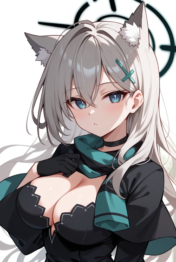 BLUE EYES, GREY HAIR, HAIRCLIP, LONG HAIR, ANIMAL EARS, HALO, BLACK CHOKER, BLACK CAPELET, BLACK DRESS, WIDE SLEEVES, BLACK GLOVES, 1girl, portrait, looking_at_viewer, striped_scarf, blue_eyes, mismatched_pupils, polka_dot_background, shiroko-terror,, shiroko terror \(blue archive\), score_9, score_8_up, score_7_up, score_6_up, score_5_up, score_4_up,