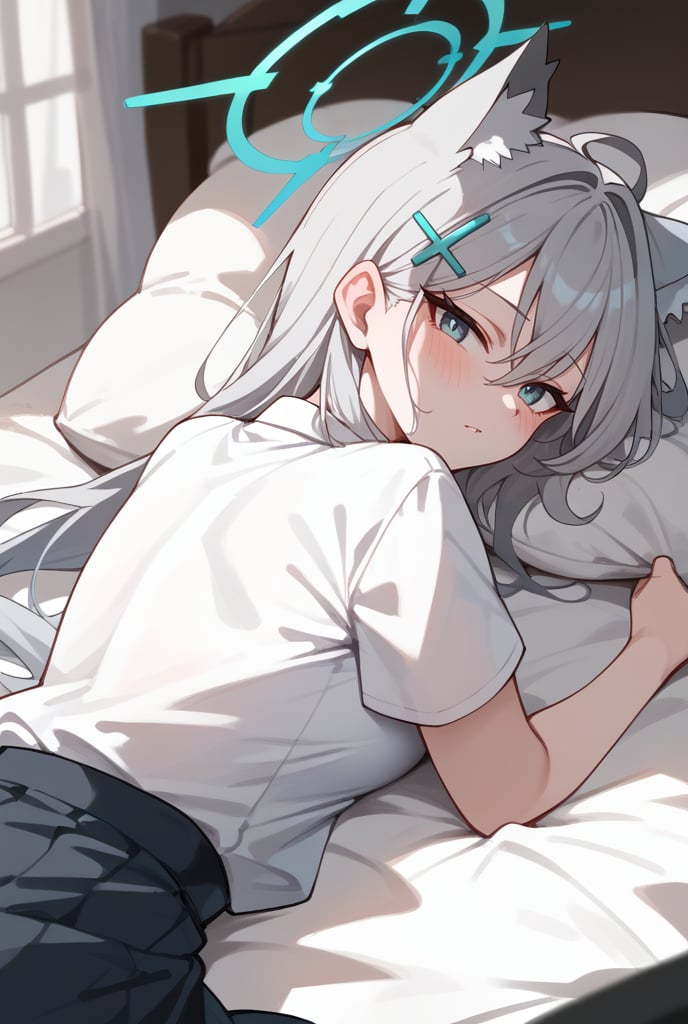 1girl, Lying on bed, White shirt, Blushing, Long silver hair, Cat ears, Halo, Hairclip, Looking at viewer, Bedroom background,shiroko terror \(blue archive\),score_9, score_8_up, score_7_up, score_6_up, score_5_up, score_4_up,