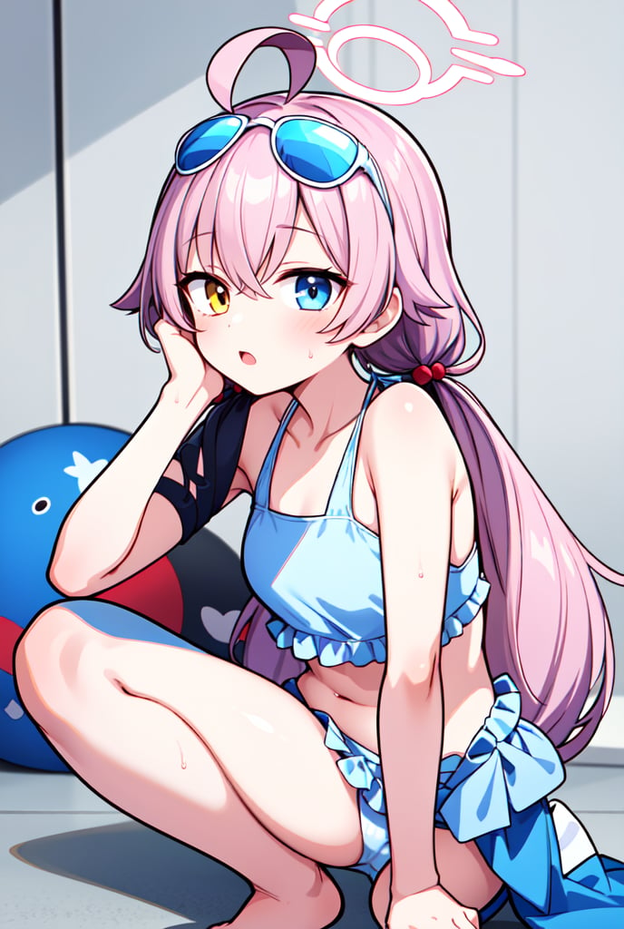 1girl, shoshino, halo, low twintails, eyewear on head, bikini,head rest, amber-half-eye, blue-half-eye