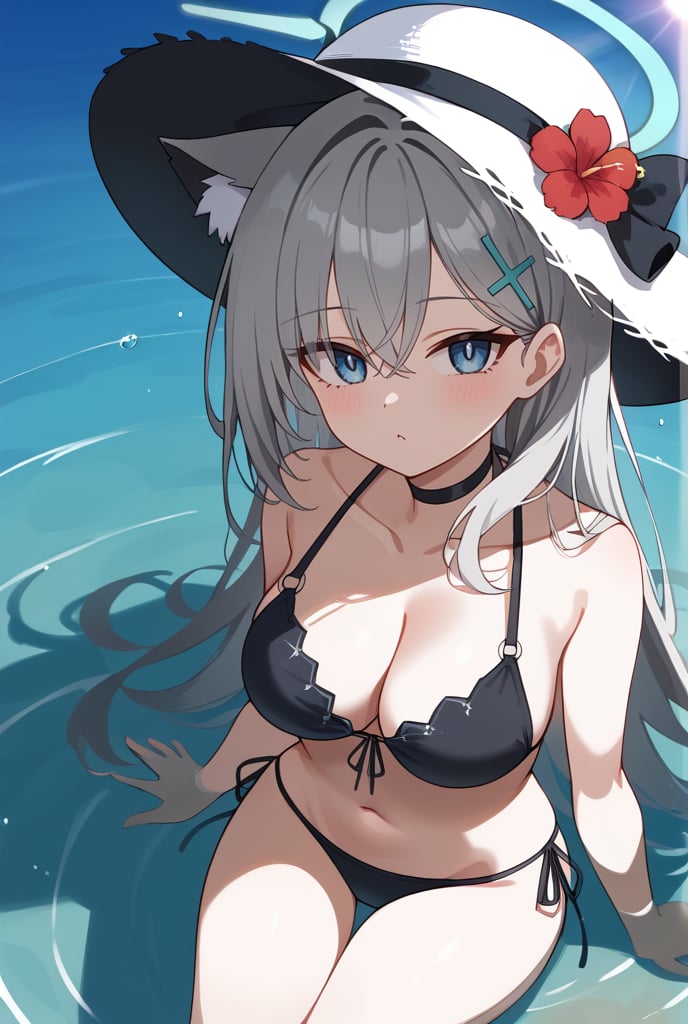 BLUE EYES, GREY HAIR, HAIRCLIP, LONG HAIR, ANIMAL EARS, HALO, BLACK CHOKER, 1girl, Black bikini, Sun hat, Flower on hat, Long silver hair, Cat ears, Halo, Hairclip, In water, Sunlight reflection, Hand on hat, Looking up, Water background, Sunny day,shiroko terror \(blue archive\)