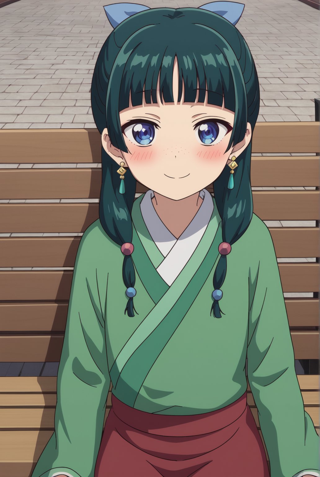 source_anime, masterpiece, best quality, highly detailed, 1girl, solo, maomao, dark green hair, green kimono, hair ribbon, long sleeves, medium hair, blue eyes, blunt bangs, hair ornament, (freckles:0.5), japanese clothes, kimono, long sleeves, twintails, earrings, smile, blush, looking at viewer, (red skirt:1.1), long skirt, sitting, outdoor, sitting in bench, day, flowers, ((close up face))