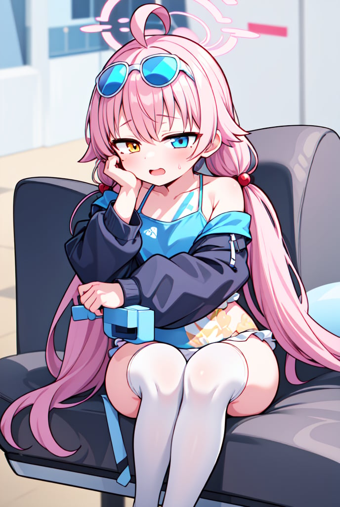 1girl, shoshino, halo, low twintails, eyewear on head, bikini,head rest,  amber-half-eye, blue-half-eye, pink hair, heavy-lidded eyes