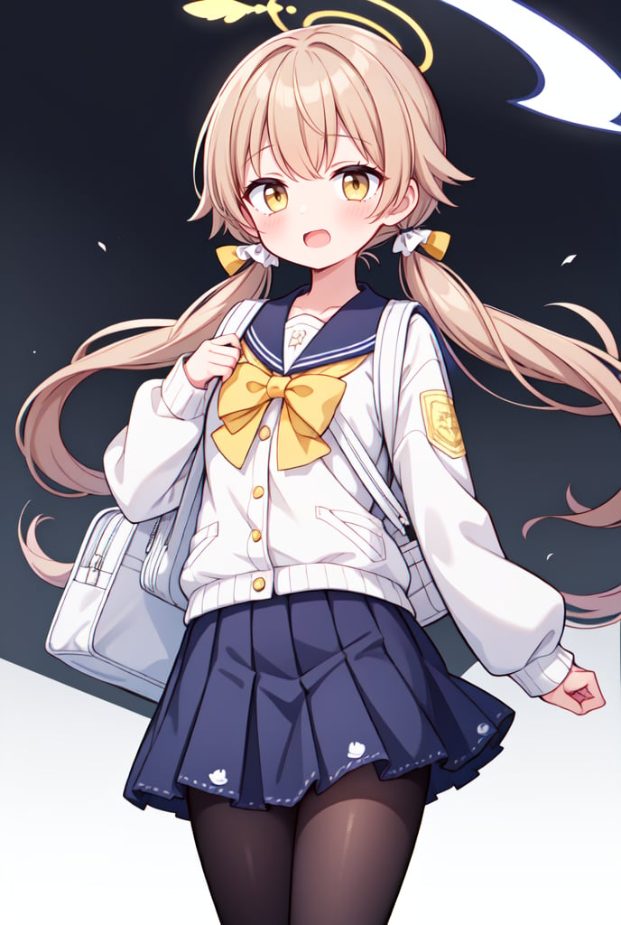 ((masterpiece,best quality)),(illustration),1girl, hifumi (blue archive), solo, halo, twintails, bag, blush, pantyhose, simple background, school uniform, backpack, open mouth, low twintails, black pantyhose, skirt, looking at viewer, long hair, light brown hair, sailor collar, brown hair, yellow eyes, long sleeves, collarbone, white background, holding strap, brown eyes, blue skirt