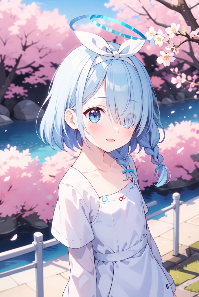 sfw, 1girl, Arona, (blue halo:1.2), blue eyes, blue hair, short hair, single braid, hair over one eye, flat chest, (white hairband:1.2), white hair bow, ghost white tunic, w arms, hillside covered in cherry blossom trees in bloom, midday lighting, idyllic and picturesque scenery, smile