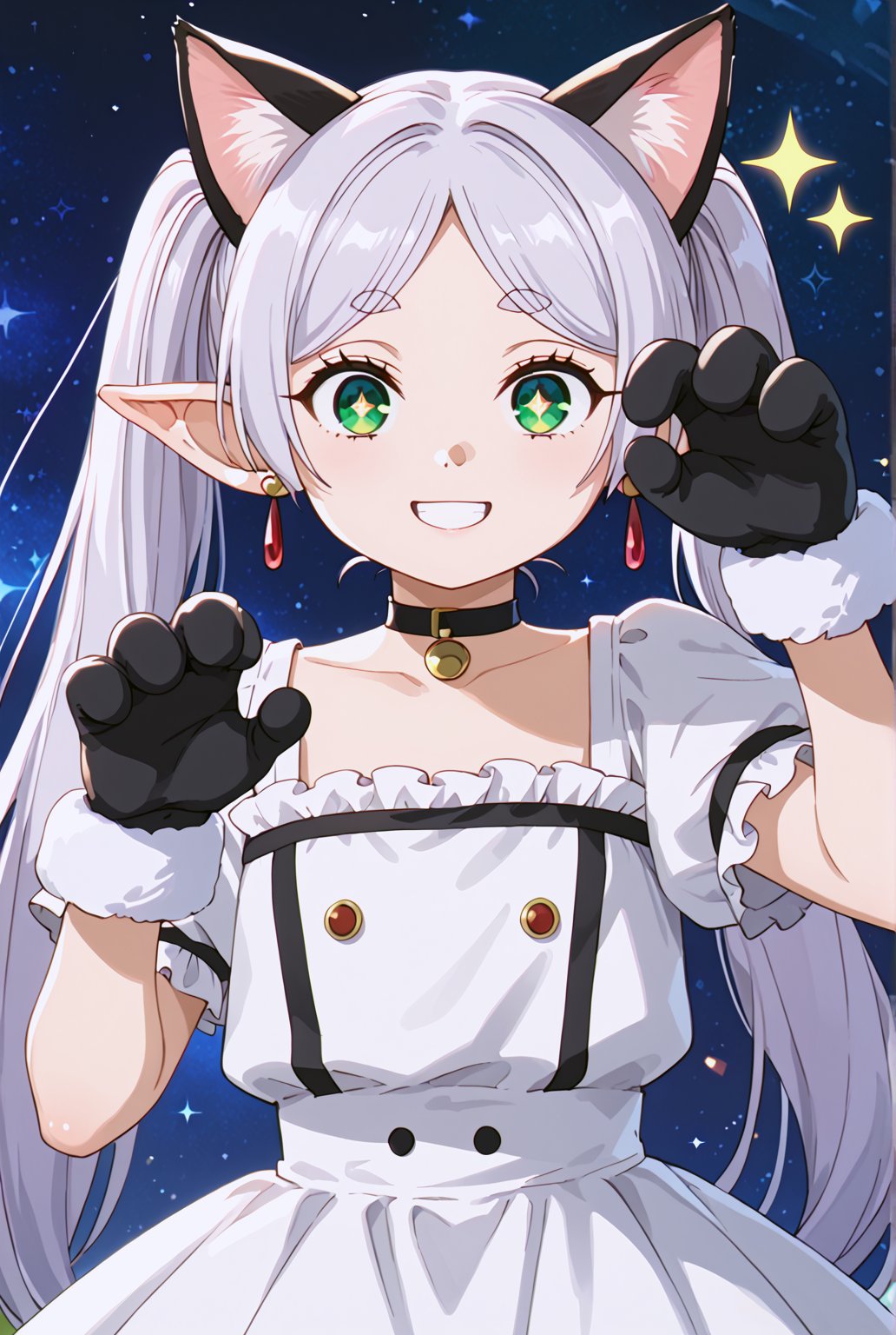 score_9, score_8_up, score_7_up, FrierenSSnF, ((masterpiece, best quality)), (hyper detailed), 1girl, solo, grey hair, long hair, green eyes, (droopy eyes:1.4), (big eyes:1.4), twintails, parted bangs, earrings, pointy ears, cat ears, cat gloves, black frilled dress, choker, cute expression, sparkle, sparkle background, sparkling eyes, star (symbol), looking at viewer, playful pose, blush, smiling, paw gesture, anime style, cat theme, detailed hair, detailed eyes, fantasy, light background, anime screencap, score_anime, (high quality, detailed, beautiful), shiny, detailed beautiful eyes, outstanding, countershading, detailed soft lighting, excited, (cowboy shot:1.4)
