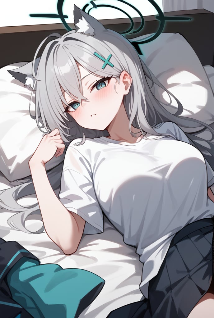 1girl, Lying on bed, White shirt, Blushing, Long silver hair, Cat ears, Halo, Hairclip, Looking at viewer, Bedroom background,shiroko terror \(blue archive\),score_9, score_8_up, score_7_up, score_6_up, score_5_up, score_4_up,