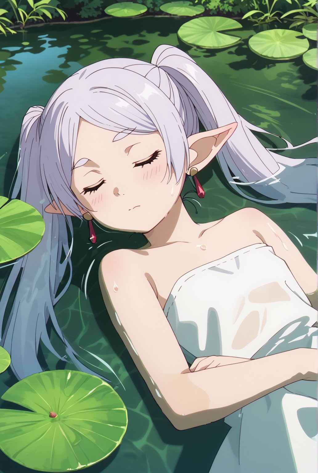 score_9, score_8_up, score_7_up, 1girl, FrierenSSnF, ((masterpiece, best quality)), (hyper detailed, detailed background), solo, closed mouth, grey hair, long hair, closed eyes, twintails, parted bangs, earrings, pointy ears, FrierenCasual, forest_background, river, water, partially submerged, wet clothes, white dress, on water, immersed in water, evening light, lying down, looking at viewer, close up, bare shoulders, strapless dress, anime screencap, score_anime, blush,