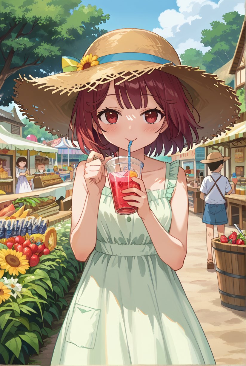 score_9, 1girl, sophieatelier, ((masterpiece, best quality)), (hyper detailed, detailed background), expressive eyes, perfect face, sundress, outdoor, straw hat, drinking, (strawberry:0.5), drinking straw, blush,anime screencap,score_anime, look at viewer, (cowboy_shot:1.2), short hair, blush, happy