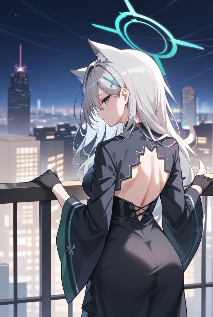 BLUE EYES, GREY HAIR, HAIRCLIP, LONG HAIR, ANIMAL EARS, HALO, BLACK CHOKER, BLACK strap DRESS, WIDE SLEEVES, BLACK GLOVES, 1girl, Overlooking cityscape, Night sky, Long silver hair, Cat ears, Balcony, City lights, back view
,shiroko terror \(blue archive\),score_9, score_8_up, score_7_up, score_6_up, score_5_up, score_4_up, face portrait