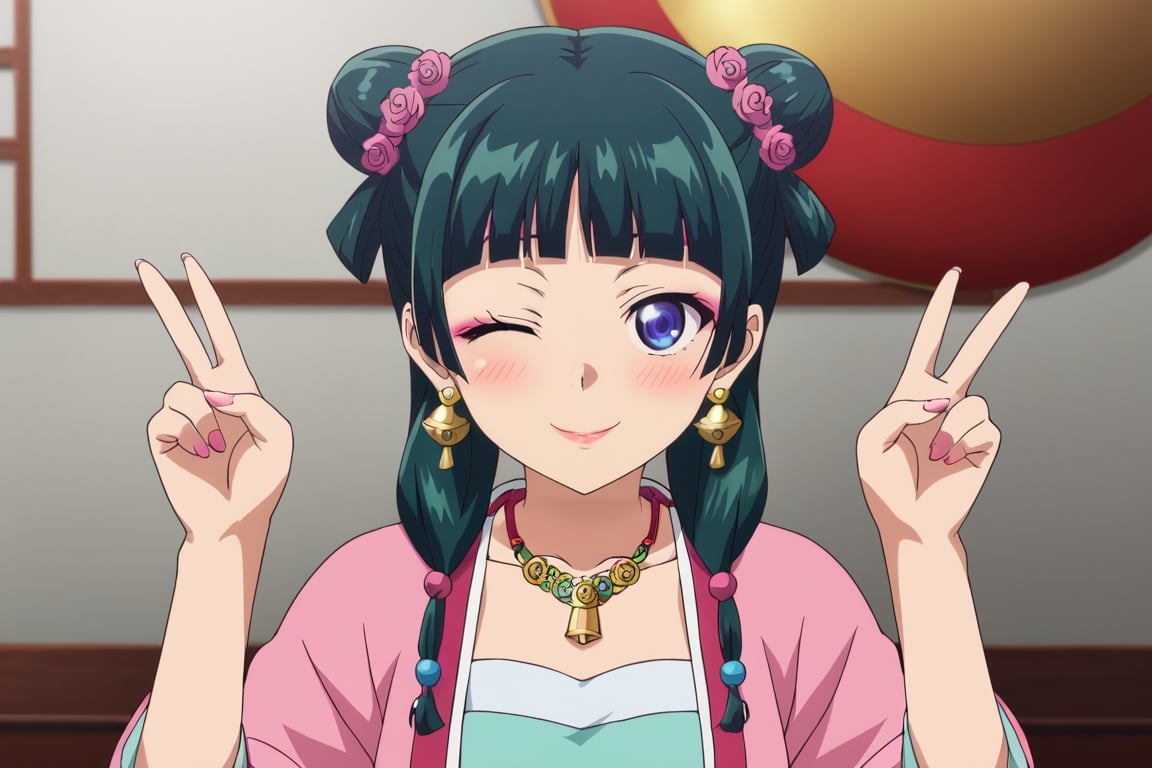 source_anime, 1girl, maomao, ((masterpiece, best quality)), (hyper detailed, detailed background), green hair, long hair, blue eyes, BREAK blunt bangs,collarbone, earrings, face, hair over shoulder, jewelry, looking at viewer, necklace, sidelocks, bell earrings, flower necklace, double bun hairstyle, half updo, pl-dress, chinese clothes, pink hanfu, makeup, pink eyeliner, hair beads, low twintails, blush, smile, happy, victory pose, wink, one eye closed, ((turn one's head)), ((high angle view))