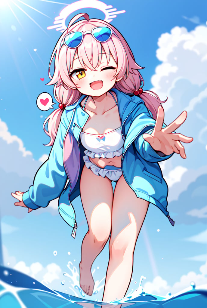 1girl, shoshino, halo, low twintails, eyewear on head, bikini, jacket,water, blue sky, splashing, object hug, reaching out, waving, :d, (spoken heart:1.2), lens flare, from below, leaning forward, one eye closed