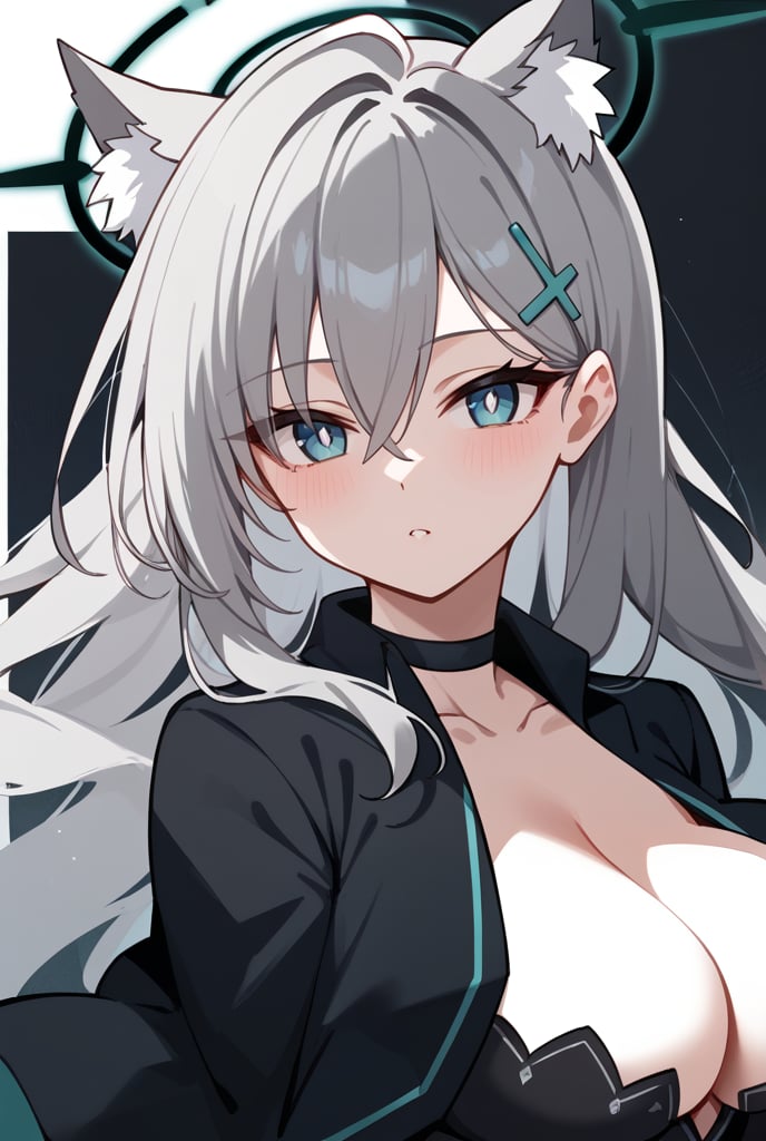 BLUE EYES, GREY HAIR, HAIRCLIP, LONG HAIR, ANIMAL EARS, HALO, BLACK CHOKER, BLACK CAPELET, BLACK DRESS, WIDE SLEEVES, BLACK GLOVES, 1girl, portrait, looking_at_viewer, blue_eyes, mismatched_pupils, polka_dot_background, shiroko-terror,, shiroko terror \(blue archive\), score_9, score_8_up, score_7_up, score_6_up, score_5_up, score_4_up,