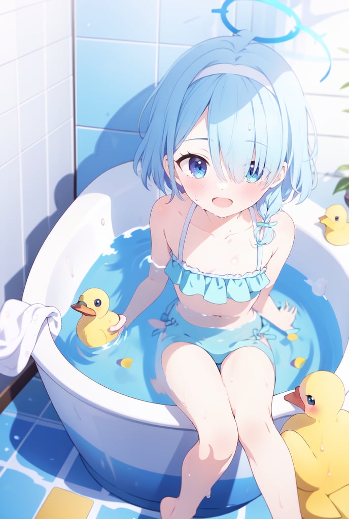 1girl, solo, Arona, blue halo, blue eyes, blue hair, short hair, single braid, hair over one eye, flat chest, white hair bow, white hairband, long hair, looking at viewer, blush, open mouth, collarbone, ahoge, barefoot, indoors, water, feet, wet, toes, heterochromia, halo, soles, happy, partially submerged, tiles, foot focus, bathing, bath, bathroom, bathtub, tile wall, rubber duck, frills bikini, arona (blue archive)