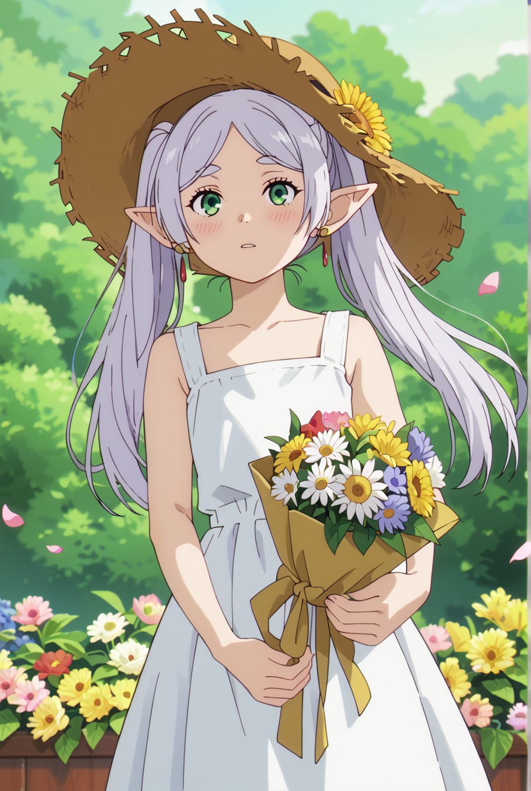 score_9, score_8_up, score_7_up, 1girl, FrierenSSnF, ((masterpiece, best quality)), (hyper detailed, detailed background), 1girl, solo, grey hair, long hair, green eyes, twintails, parted bangs, earrings, pointy ears, sundress, sun flower garden, straw hat, blush,anime screencap,score_anime, (falling petals:1.2), (holding bouquet:1.4), (cowboy_shot:1.4)