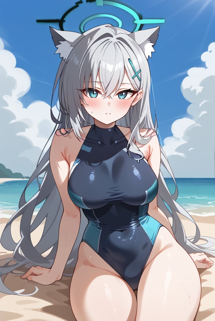 1girl, Swimsuit, One-piece swimsuit, Sitting on a dock, Beach background, Blue ocean, Sunny day, Long silver hair, Cat ears, Halo, Blush, Hairclip, Looking at viewer,shiroko terror \(blue archive\), face portrait