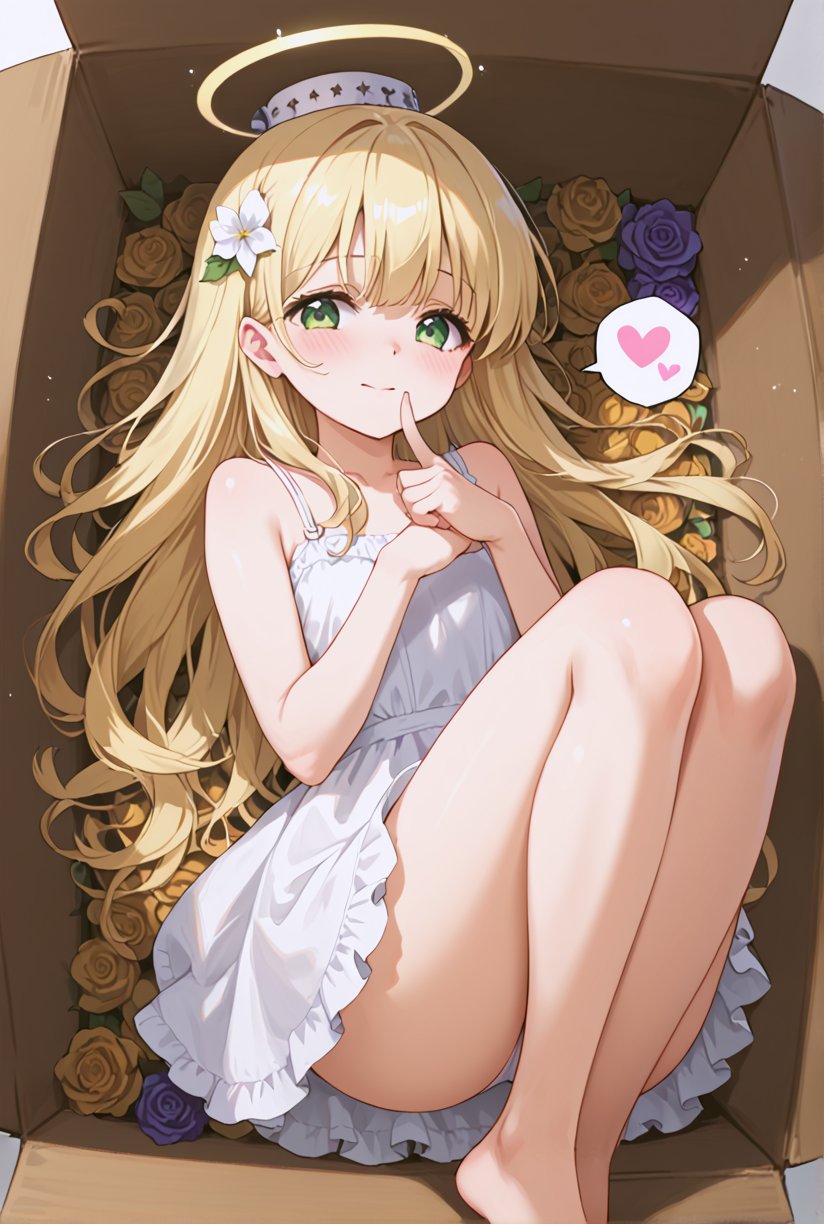 score_9, score_8_up, score_7_up, score_6_up, score_5_up, score_4_up, source_anime, 1girl, solo, lying on her side, long blonde hair, green eyes, halo, hat, shy expression, sundress, legs folded, curled up pose, lying in a coffin-like box, (in a box:1.4), comfortable but slightly playful atmosphere, sparkling particles, glowing light effects, magical atmosphere, fairy-like surroundings, furuderika_pony, indoor background, blush, happy, shy, spoken heart, beautiful finger