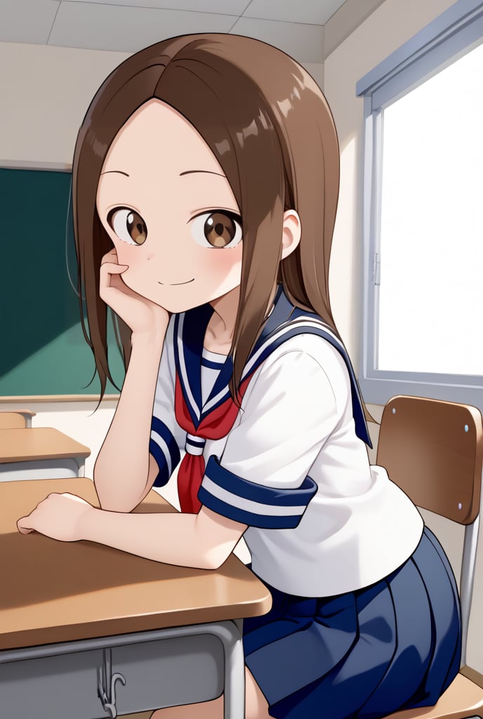 1girl, source_anime, aatakagi, solo, long hair, brown hair, parted bangs, collarbone, serafuku, sailor collar, red neckerchief, white shirt, short sleeves, pleated skirt, blue skirt, classroom, sitting, on chair, from side, looking at viewer, hand on own face, desk, smile, elbow on table,

