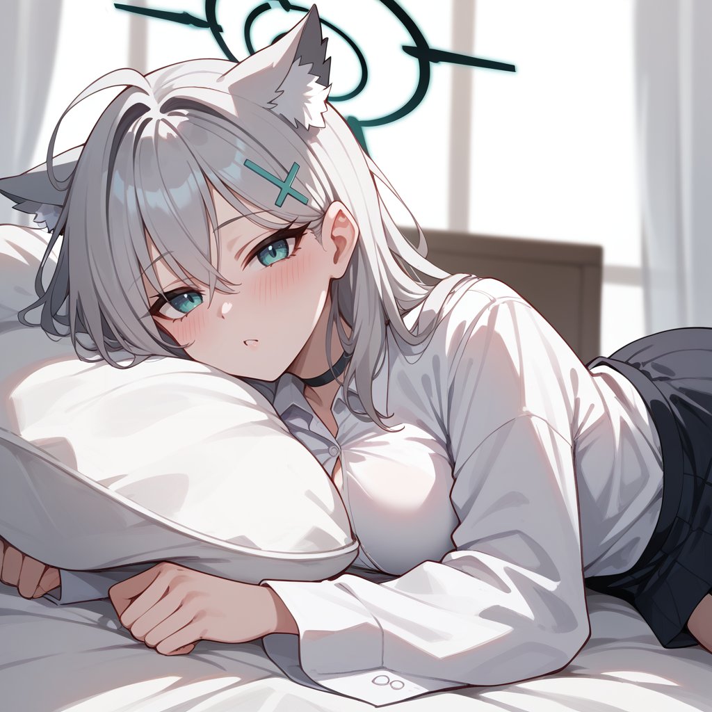 1girl, Lying on bed, White shirt, Blushing, Long silver hair, Cat ears, Halo, Hairclip, Looking at viewer, Bedroom background,shiroko terror \(blue archive\),score_9, score_8_up, score_7_up, score_6_up, score_5_up, score_4_up,