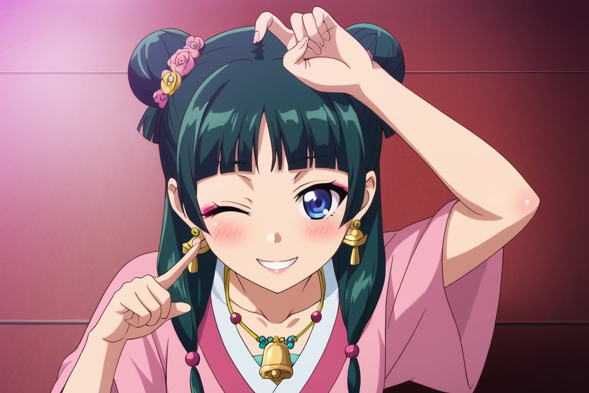 source_anime, 1girl, maomao, ((masterpiece, best quality)), (hyper detailed, detailed background), green hair, long hair, blue eyes, BREAK blunt bangs,collarbone, earrings, face, hair over shoulder, jewelry, looking at viewer, necklace, sidelocks, bell earrings, flower necklace, double bun hairstyle, half updo, pl-dress, chinese clothes, pink hanfu, makeup, pink eyeliner, hair beads, low twintails, blush, smile, happy, victory pose, wink, one eye closed, ((turn one's head)), ((high angle view))