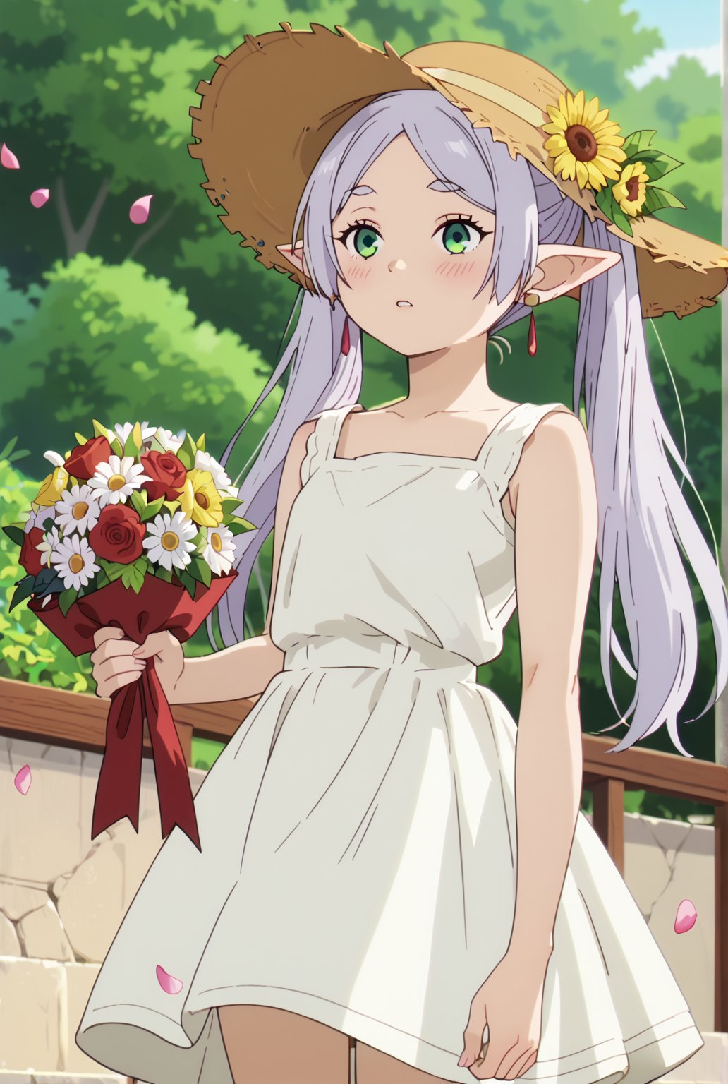 score_9, score_8_up, score_7_up, 1girl, FrierenSSnF, ((masterpiece, best quality)), (hyper detailed, detailed background), 1girl, solo, grey hair, long hair, green eyes, twintails, parted bangs, earrings, pointy ears, sundress, sun flower garden, straw hat, blush,anime screencap,score_anime, (falling petals:1.2), (holding bouquet:1.4), (cowboy_shot:1.4)