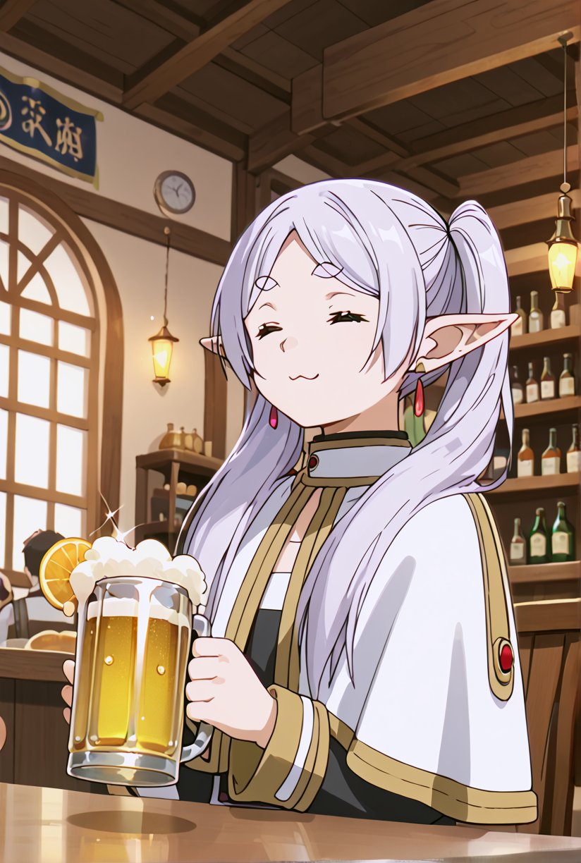 score_9, score_8_up, score_7_up, 1girl, FrierenSSnF, ((masterpiece, best quality)), (hyper detailed, detailed background), 1girl, frieren inside a Irish pub, holding a large glass of beer with overflowing foam,green eyes, grey hair, twintails, thick eyebrows, pointy ears, white capelet,=w=, :3, = =, eyes closed, sparkle, sparkle background, star (symbol), looking at viewer, pub background, score_anime, anime screencap, 
