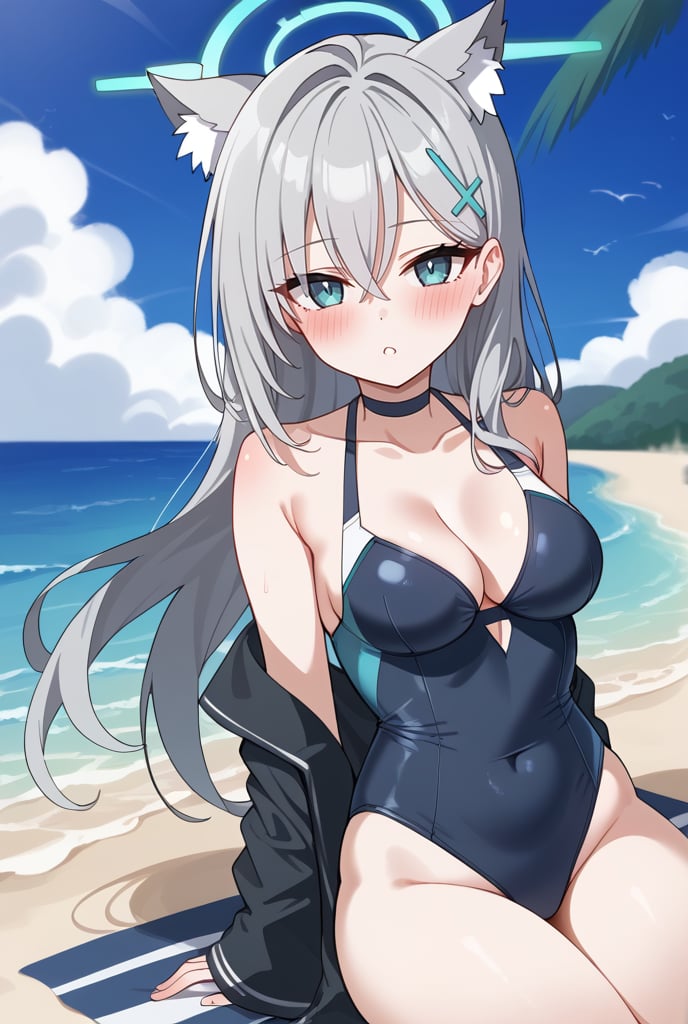 1girl, Swimsuit, One-piece swimsuit, Sitting on a dock, Beach background, Blue ocean, Sunny day, Long silver hair, Cat ears, Halo, Blush, Hairclip, Looking at viewer,shiroko terror \(blue archive\)