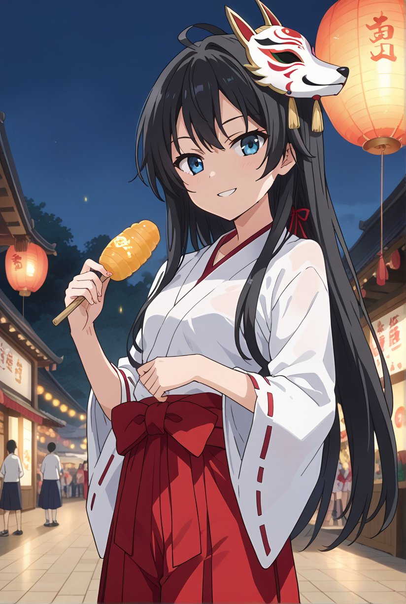 score_9, source_anime, anime screencap, anime coloring, BREAK1girl, solo, shiyukino, long hair, black hair, blue eyes, traditional miko attire, wearing a festival mask on her head, standing at a festival stall, glowing lanterns in the background, a slight smile on her face, holding a festival snack in one hand, beautiful_female_fingers, white haori and red hakama, serene festival atmosphere, (close up face:1.4)
