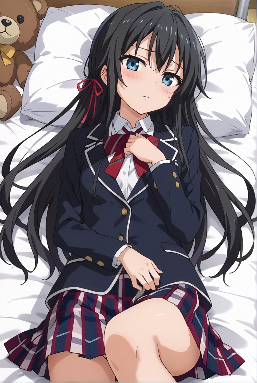 score_9, source_anime, anime screencap, anime coloring, 1girl, solo, shiyukino, long hair, black hair, blue eyes, ribbon, school uniform, hair ribbon, black jacket, plaid skirt, blazer, sobu high school uniform, (lying bed:1.4), hand resting on chest, legs slightly bent, blush, shy expression, teddy bear, relaxed atmosphere.,beautiful_female_fingers