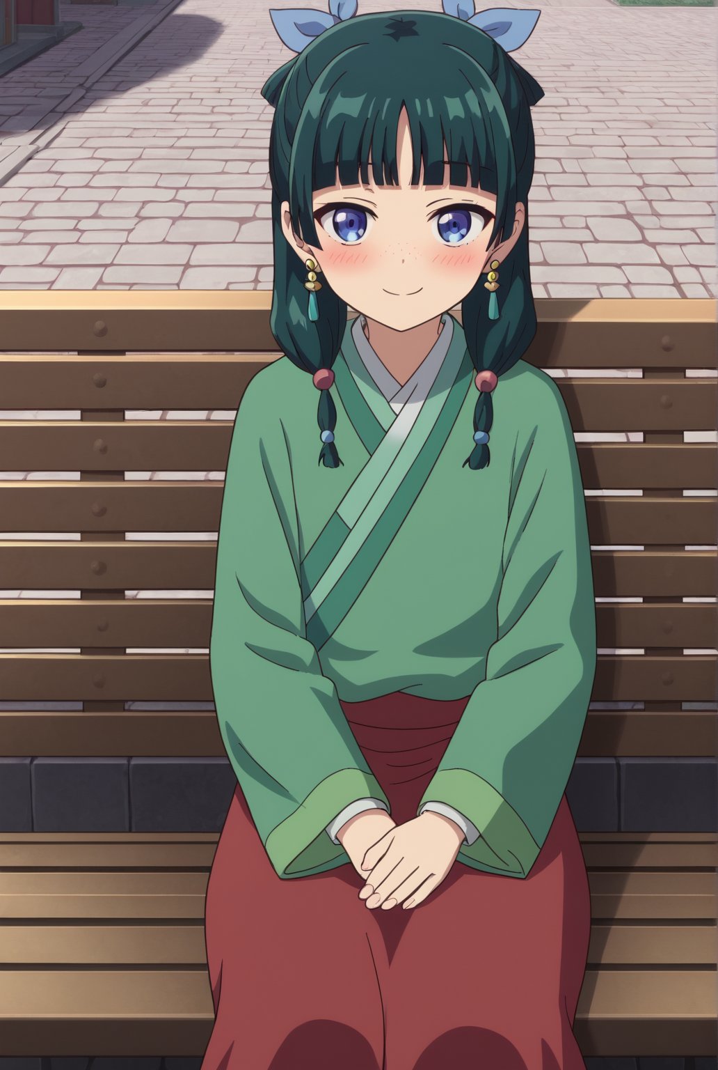 source_anime, masterpiece, best quality, highly detailed, 1girl, solo, maomao, dark green hair, green kimono, hair ribbon, long sleeves, medium hair, blue eyes, blunt bangs, hair ornament, (freckles:0.5), japanese clothes, kimono, long sleeves, twintails, earrings, smile, blush, looking at viewer, (red skirt:1.1), long skirt, sitting, outdoor, sitting in bench, day, flowers, ((close up face))