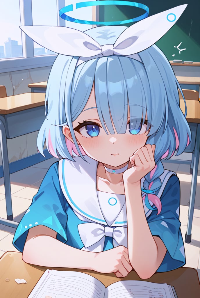 score_9, score_8_up, score_7_up, score_6_up, score_5_up, score_4_up, source_anime, 1firl, looking at viewer ,arona \(blue archive\),close eyes, blue hair,braid,bow hairband,halo,choker,white sailor collar,white skirt,white sneakers, arona \(blue archive\), classroom, broken wall, sit desk, Water Flooding, blue Floor, close mouth
