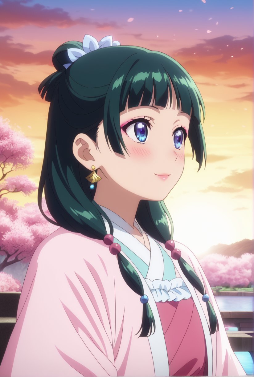 1girl, maomao, ((masterpiece, best quality)), (hyper detailed, detailed background), solo, green hair, long hair, blue eyes, BREAK blunt bangs, earrings, jewelry, looking up, sunset, golden hour, daytime sky, wide sleeves, frills, frilled dress, pink dress, white frills, purple frills, pink ribbon, pink skirt, bandaged arm, straight hair, hair over shoulder, hair beads, dancer dress, pink see-through shawl, makeup, pink eyeliner, looking to the side, low twintails, full body, BREAK score_9, score_8_up, score_7_up, score_6_up, anime, BREAK (high quality, detailed, beautiful), shiny, detailed beautiful eyes, outstanding, countershading, detailed soft lighting, score_anime, anime screencap, ((upper body)), ((dynamic pose)), serene lake, glowing sunset reflections, floating lotus flowers, calm waters, warm atmosphere, happy, smile, blush
