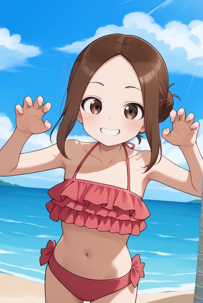 1girl,source_anime, aatakagi, solo, brown hair single hair bun, parted bangs, frilled bikini, pink bikini, hands up, claw pose, smile, beach, sky, collarbone