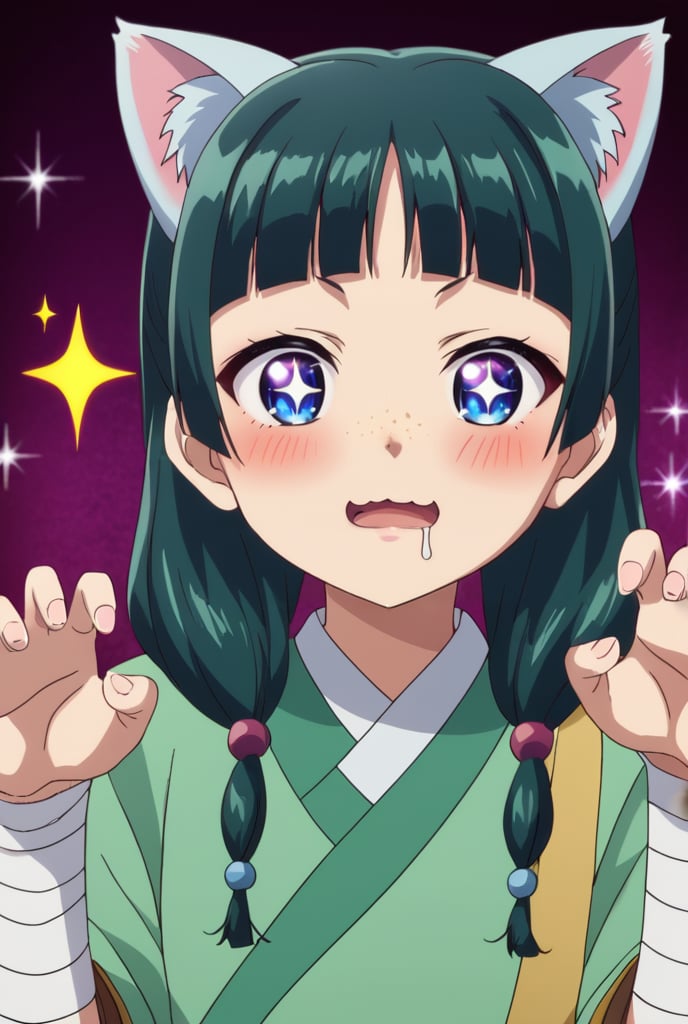 source_anime, 1girl, maomao, solo, green hair, long hair, blue eyes, BREAK + +, ^^^, blunt bangs, blush, cat ears, claw pose, drooling, excited, extra ears, sparkle, sparkle background, sparkling eyes, star (symbol), symbol-shaped pupils, freckles, light green hanfu, default clothes, chinese clothes, default hairstyle, sidelocks, hair beads, hair over shoulder, bandaged arm, low twintails, anime, BREAK (high quality, detailed, beautiful), shiny, detailed beautiful eyes, outstanding, countershading, detailed soft lighting