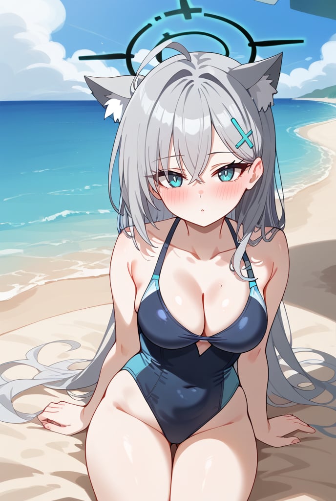 1girl, Swimsuit, One-piece swimsuit, Sitting on a dock, Beach background, Blue ocean, Sunny day, Long silver hair, Cat ears, Halo, Blush, Hairclip, Looking at viewer,shiroko terror \(blue archive\), face portrait