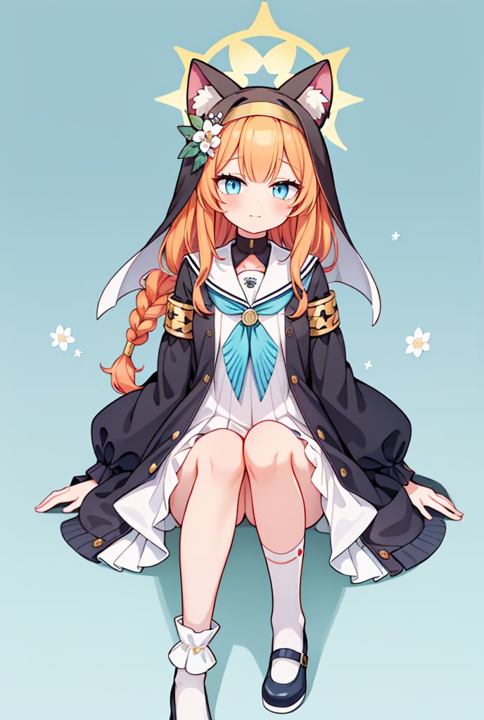 mariSerafuku, mari (blue archive), orange hair, sailor collar, blue eyes, blue neckerchief, animal ear headwear, long hair, nun, long sleeves, neckerchief, dress, flower,white sailor collar,bangs, braid, hat, single braid, hat flower, halo, mariTrack, flower, hair flower, mari (blue archive), animal ears, hair ornament, halo, jacket, long hair, shoes, socks, shirt, animal ear fluff, blue eyes,official alternate costume, white socks, orange hair, white flower, looking at viewer